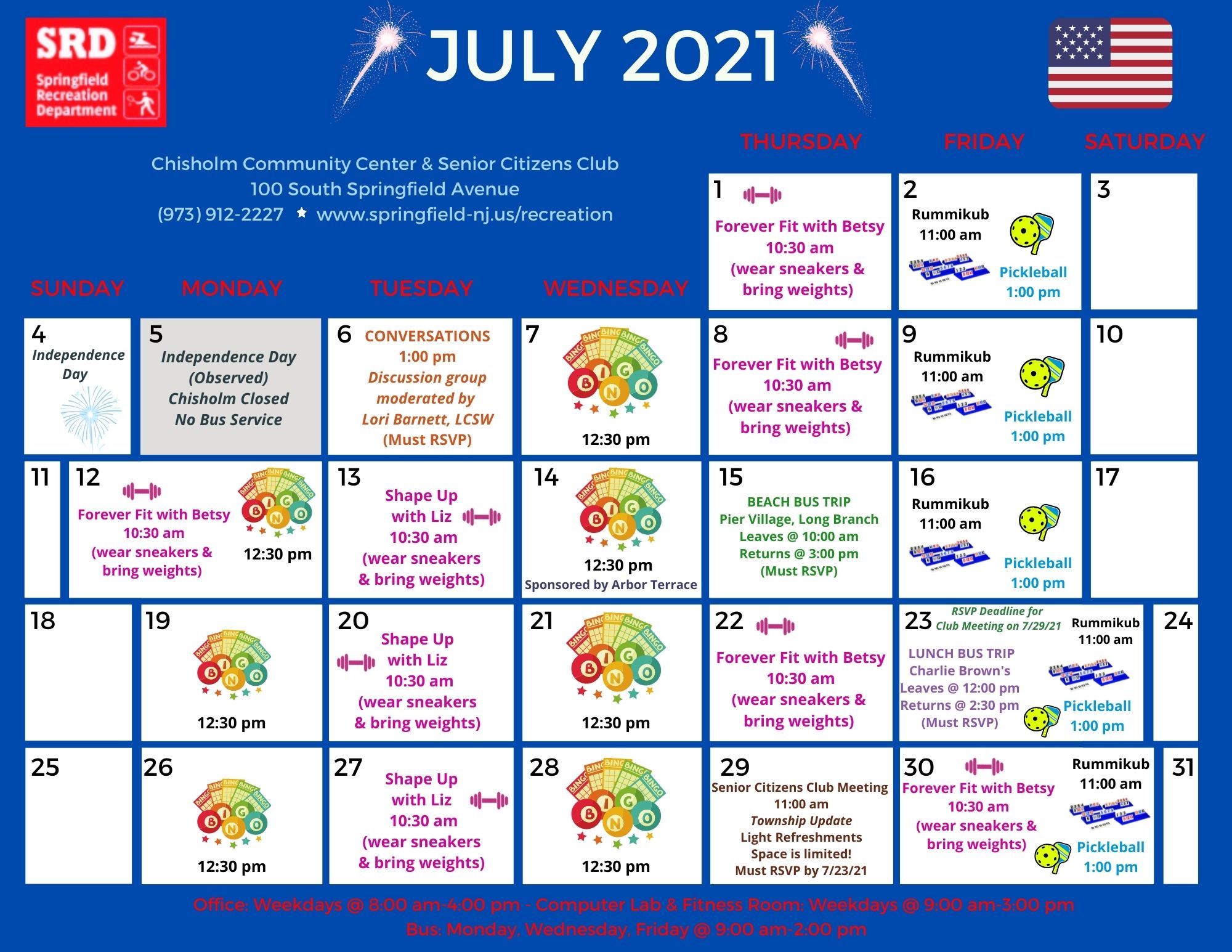 Recreation Department Releases July 2021 Calendar for Senior Citizens